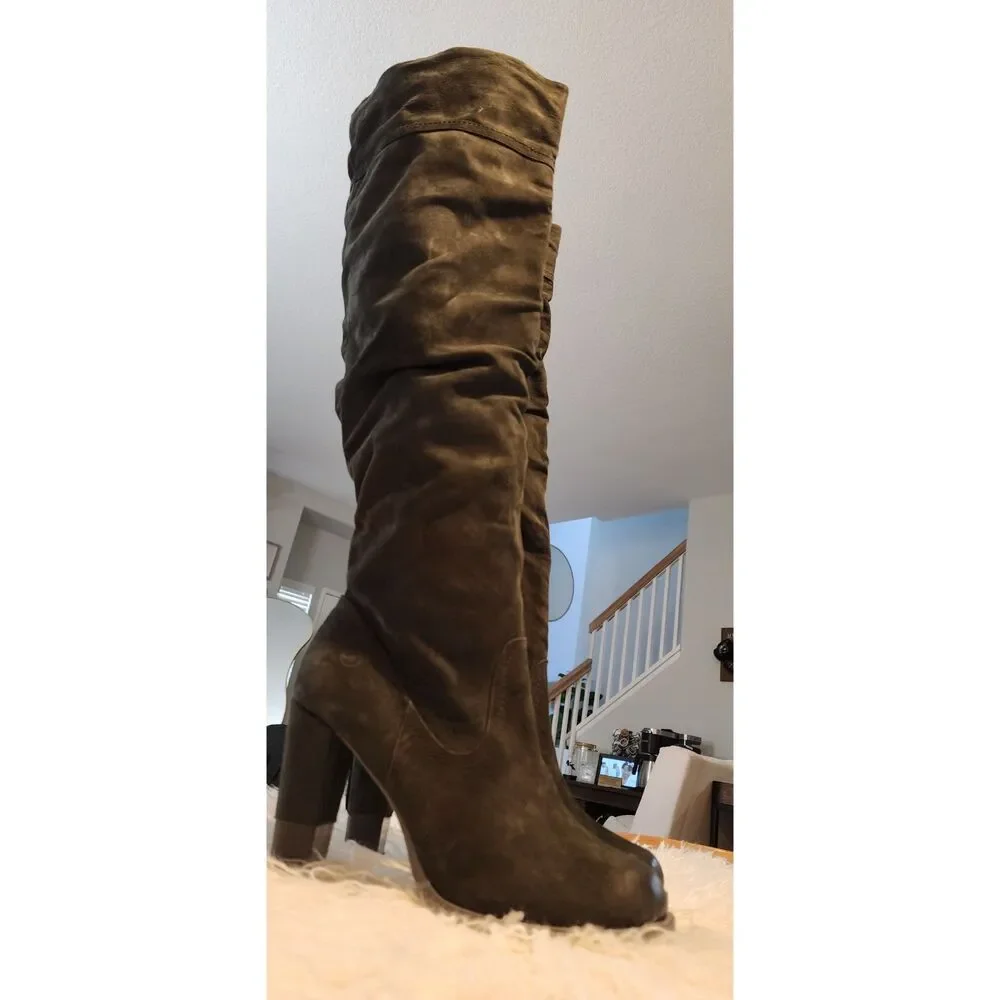 BRONX Candy Cane Leather Over-the-Knee Boots EU 40 Brown Gray Block Heel NWT